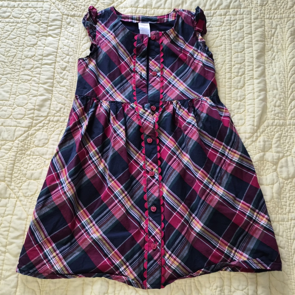 Gymboree Multicolor Plaid Dress with Red Apple Buttons And White Sweater